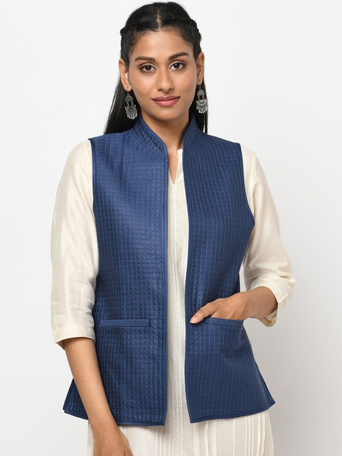 

Fabindia Women Blue Quilted & Checked Open Front Jacket