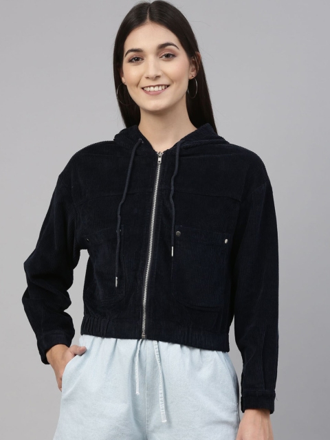 

Insua Women Navy Blue Crop Bomber Jacket