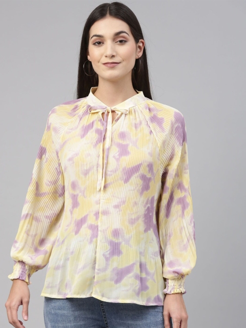 

Insua Yellow & Purple Tie-Up Neck Regular Top