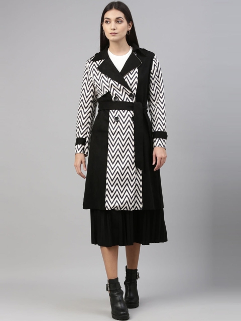 

Insua Women Black & White Geometric Knee-Length Trench Coat