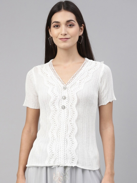 

Insua White Self design Lace Insert Semi Sheer Regular Top