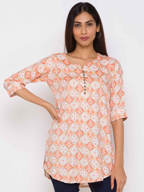 

ZOLA Peach-Coloured & White Printed Tunic