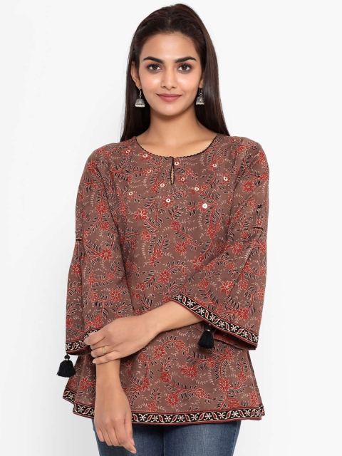 

ZOLA Cotton Brown & Red Printed Embellished Tunic