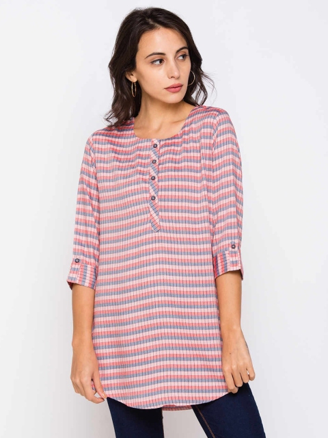 

ZOLA Women Cotton Pink & Grey Striped Tunic