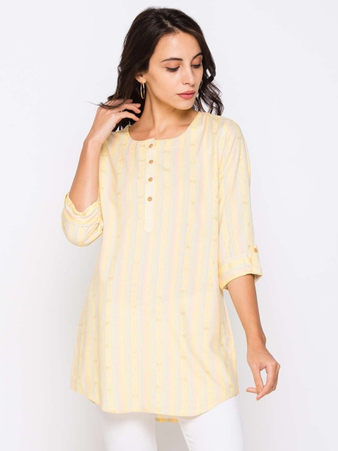 

ZOLA Women Cotton Yellow & Grey Striped Tunic