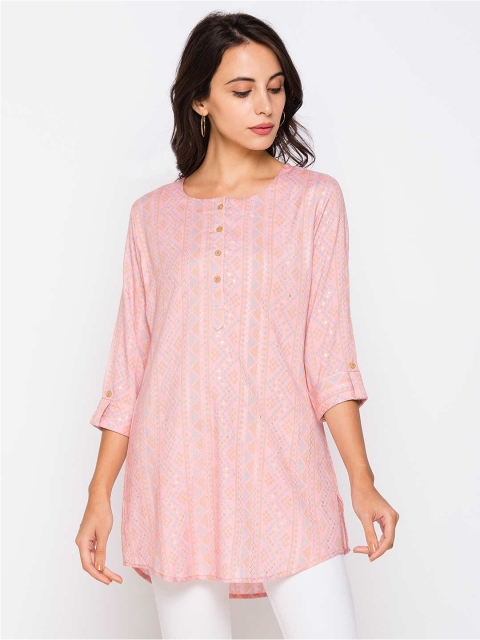 

ZOLA Women Cotton Pink & Blue Printed Embellished Tunic