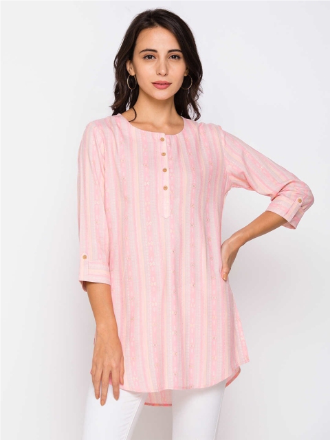 

ZOLA Women Cotton Pink & Grey Striped Tunic