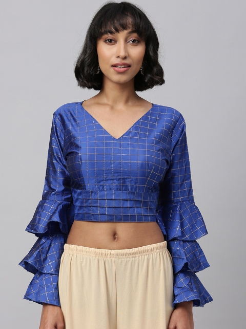 

Amrutam Fab Blue & Gold-Coloured Brocade Jacquard Saree Blouse