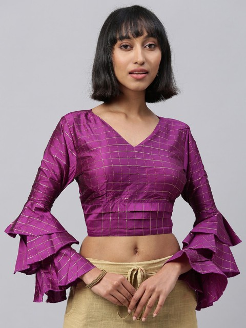 

Amrutam Fab Purple & Gold-Coloured Checked Jacquard Saree Blouse