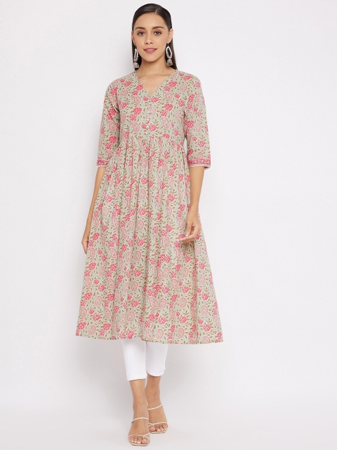 

One of a Kind Women Green & Pink Floral Printed Pure Cotton Kurta