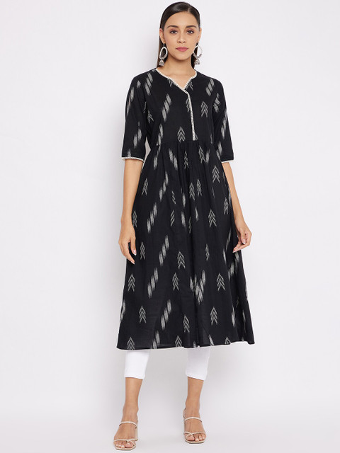 

One of a Kind Women Black & White Ikat Ethnic Motifs Printed Pure Cotton Kurta