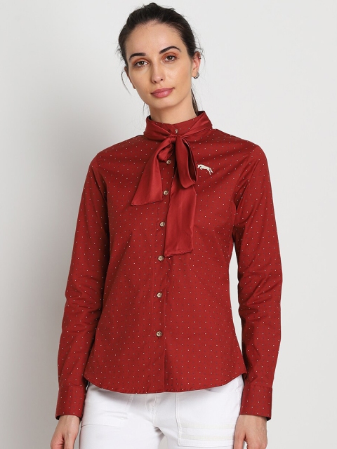 

JUMP USA Women Red Micro Ditsy Printed Tie Up Mandarin Collar Casual Shirt