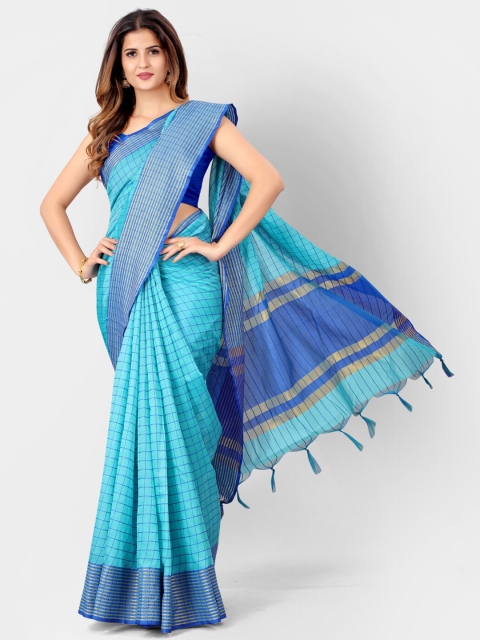 

SHOPGARB Blue & Beige Checked Silk Cotton Banarasi Saree