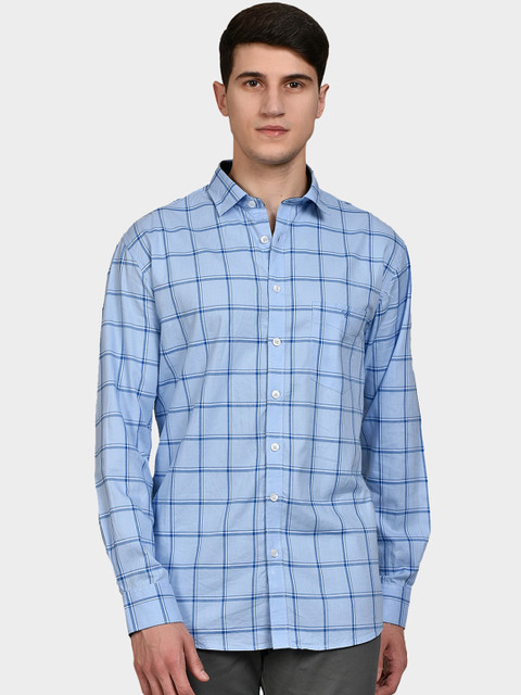

Canstol Men Blue Windowpane Checks Opaque Checked Pure Cotton Casual Shirt