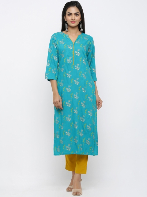 

Maaesa Women Sea Green & Yellow Floral Printed Regular Kurta With Trousers