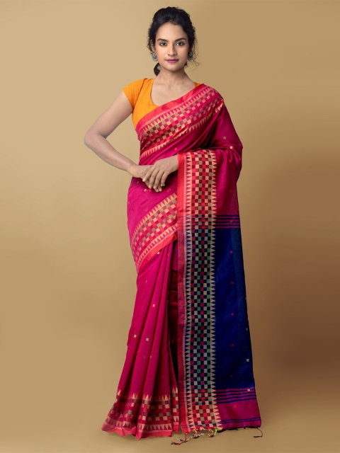 

Unnati Silks Pink & Blue Woven Design Pure Linen Jamdani Saree