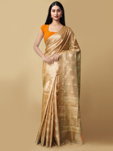 

Unnati Silks Brown & Gold-Toned Woven Design Silk Cotton Banarasi Saree