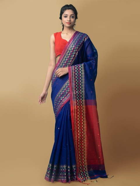 

Unnati Silks Blue & Red Woven Design Pure Linen Jamdani Saree