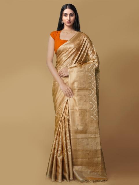 

Unnati Silks Brown & Gold-Toned Woven Design Silk Cotton Banarasi Saree