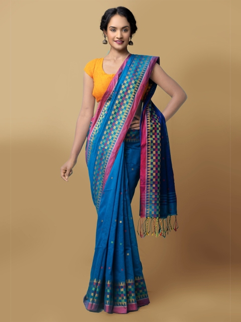 

Unnati Silks Blue & Pink Woven Design Pure Linen Jamdani Saree