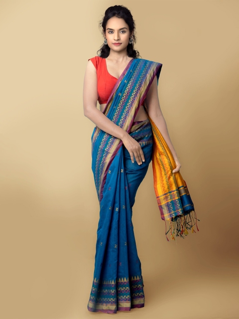 

Unnati Silks Blue & Yellow Woven Design Pure Linen Jamdani Saree