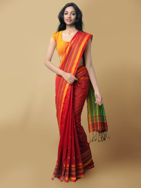 

Unnati Silks Red & Green Woven Design Pure Linen Jamdani Saree