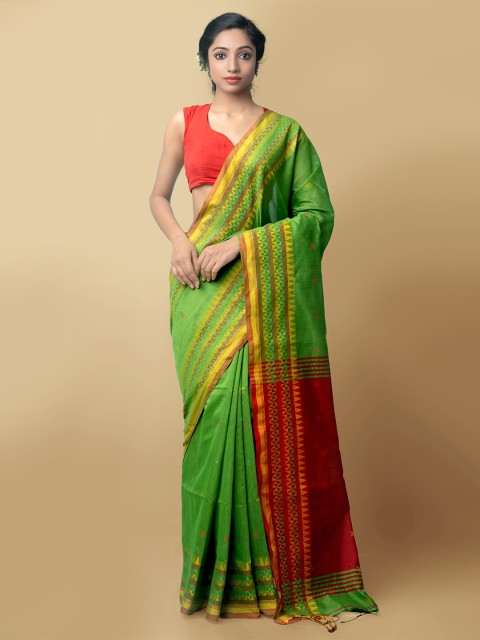 

Unnati Silks Green & Red Woven Design Zari Pure Linen Jamdani Saree