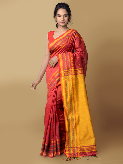 

Unnati Silks Pink & Yellow Woven Design Zari Pure Linen Jamdani Saree