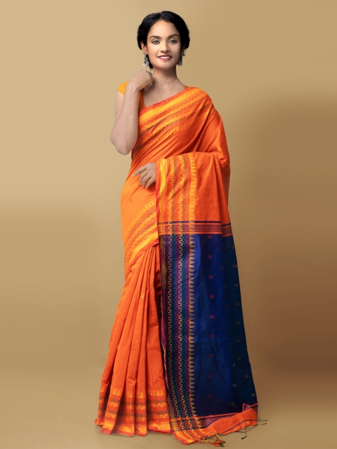 

Unnati Silks Women Orange & Blue Pure Handloom Bengal Linen Sustainable Saree