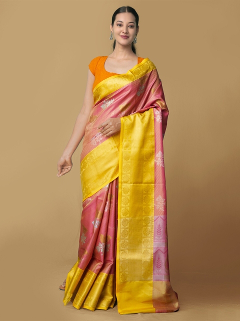 

Unnati Silks Pink & Yellow Woven Design Silk Cotton Banarasi Saree