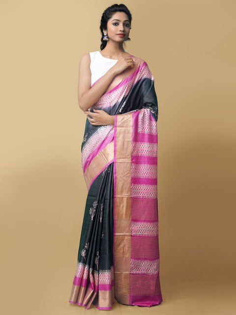 

Unnati Silks Black & Pink Zari Pure Silk Muga Saree