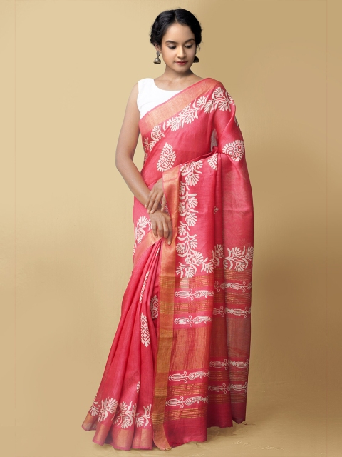 

Unnati Silks Red & White Floral Zari Pure Silk Muga Saree