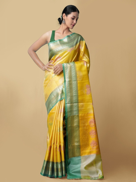 

Unnati Silks Yellow & Green Woven Design Silk Cotton Banarasi Saree