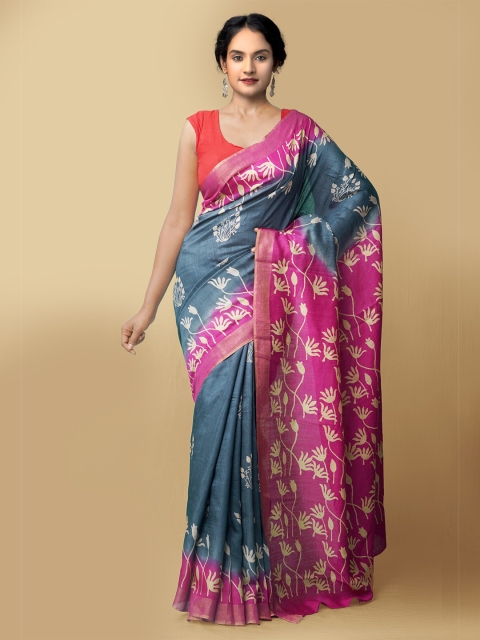 

Unnati Silks Grey & Pink Floral Zari Pure Silk Muga Saree