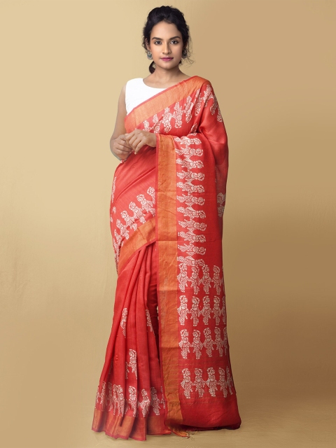 

Unnati Silks Red & White Batik Zari Pure Silk Muga Saree