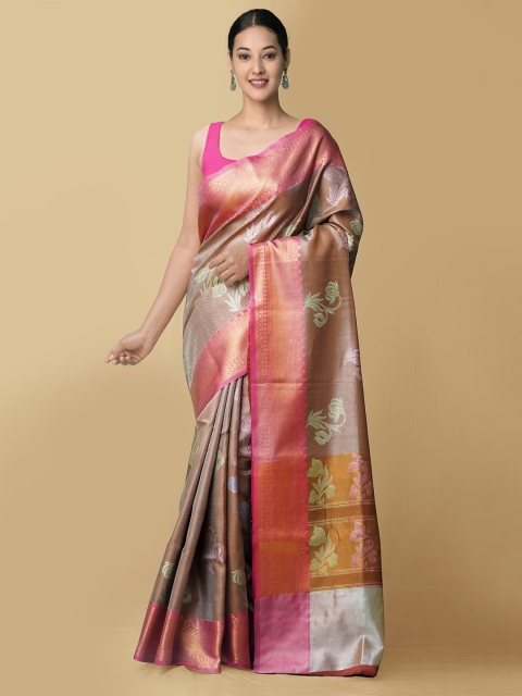 

Unnati Silks Brown & Pink Woven Design Silk Cotton Banarasi Saree