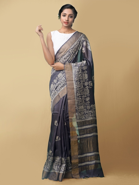 

Unnati Silks Women Grey & White Pure Handloom Block Printed Bengal Muga Silk Sustainable Saree