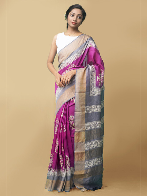 

Unnati Silks Purple & Grey Ethnic Motifs Zari Pure Silk Muga Saree