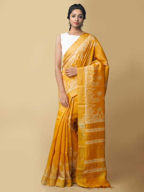 

Unnati Silks Yellow & White Floral Zari Pure Silk Muga Saree