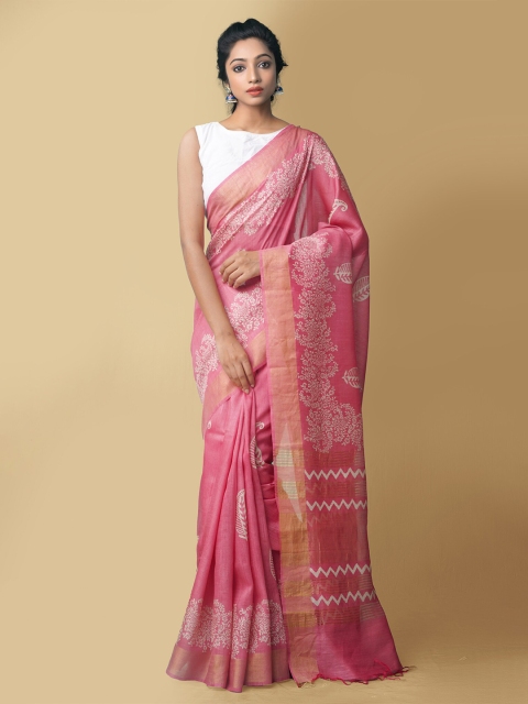 

Unnati Silks Pink & White Floral Zari Pure Silk Muga Saree