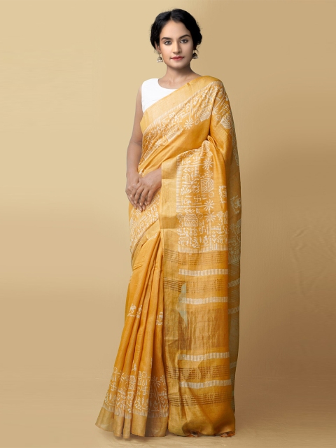 

Unnati Silks Yellow & Beige Floral Zari Pure Silk Muga Saree