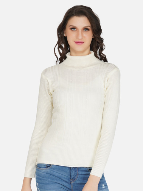 

FABNEST Women Off White Ribbed Pullover