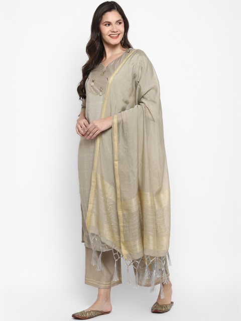 

VAABA Women Grey Ethnic Motifs Regular Gotta Patti Chanderi Silk Kurta with Trousers & With Dupatta