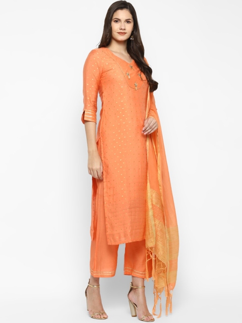 

VAABA Women Orange Embroidered Regular Gotta Patti Chanderi Silk Kurta with Palazzos & With Dupatta