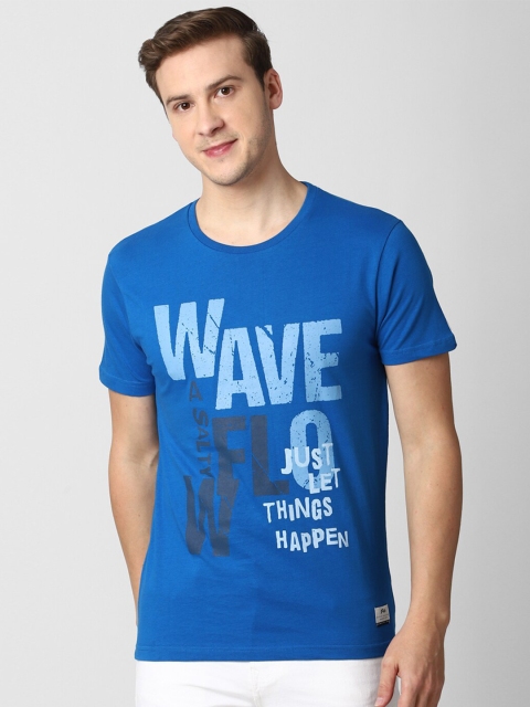 Peter England Casuals Men Blue Black Typography Printed Slim Fit Pure Cotton T-shirt