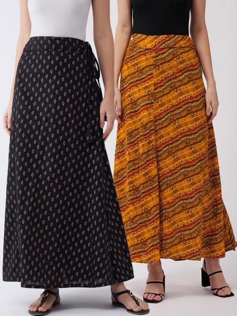 

InWeave Women Pack Of 2 Printed Flared Maxi Pure Cotton Skirts, Yellow