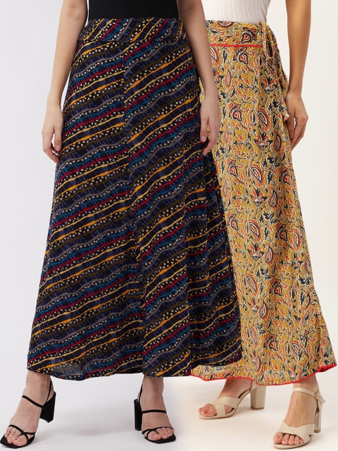 

InWeave Women Pack Of 2 Blue & Yellow Printed Pure Cotton A-Line Maxi Skirts