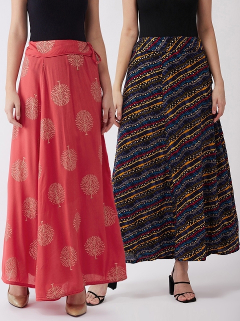 

InWeave Women Pack Of 2 Printed Pure Cotton A-Line Maxi Skirt, Blue