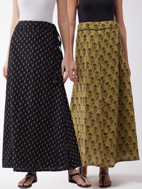 

InWeave Women Pack Of 2 Printed Pure Cotton Flared Maxi-Skirt, Olive