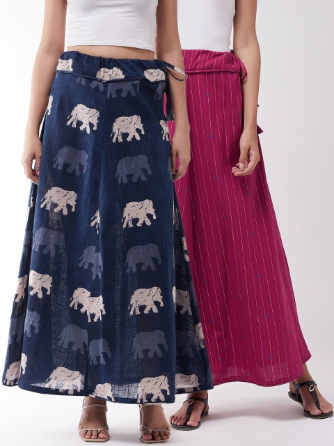 

InWeave Women Pack Of 2 Printed Pure Cotton A-Line Maxi Skirts, Navy blue